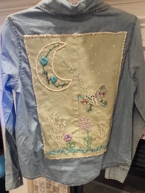 HUE Light Blue Denim Button-Down with Pastel Embroidered Back Panel